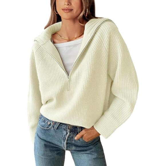 Tops - Women’s Casual Long Sleeve Half Zip Pullover Sweaters Solid V Neck Jumper Top
